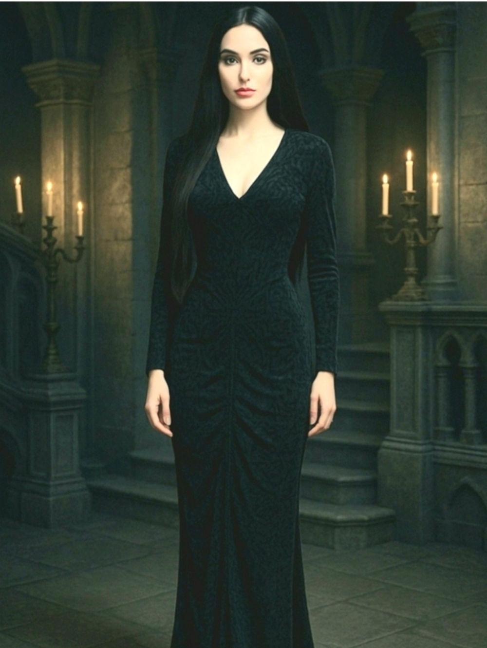 Black Long Sleeve Velvet Burnout Ruched V-Neck Maxi Gown Goth Dark Romantic